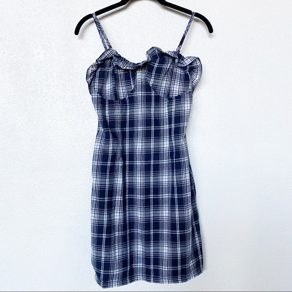 SHEIN Navy and White Plaid Dress with Ruffle Detail Size XS